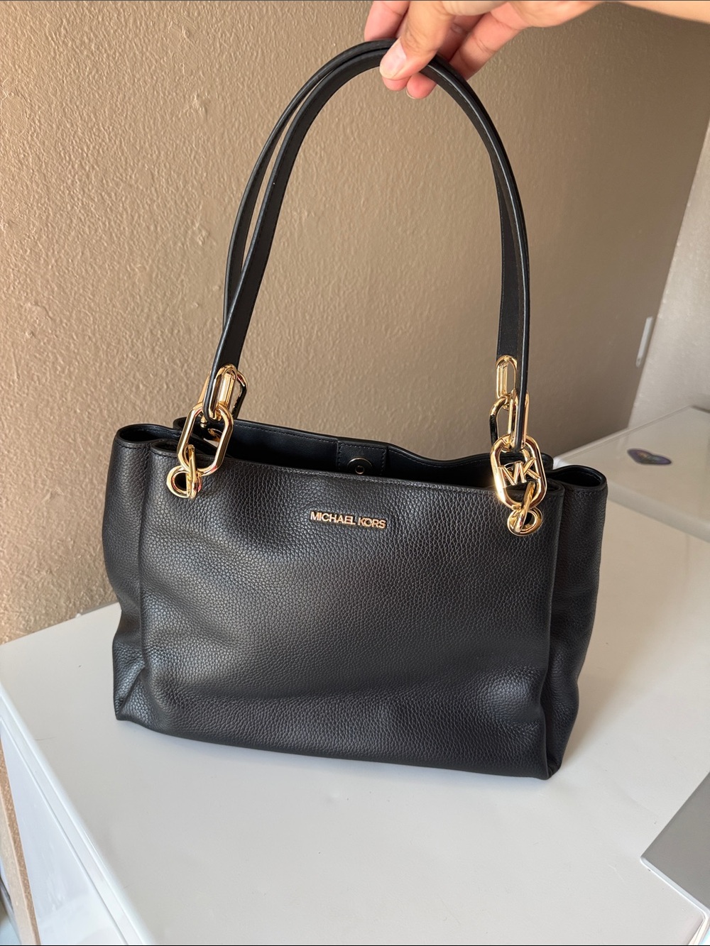 Michael Kors Black Pebbled Leather Shoulder Bag with Gold Hardware